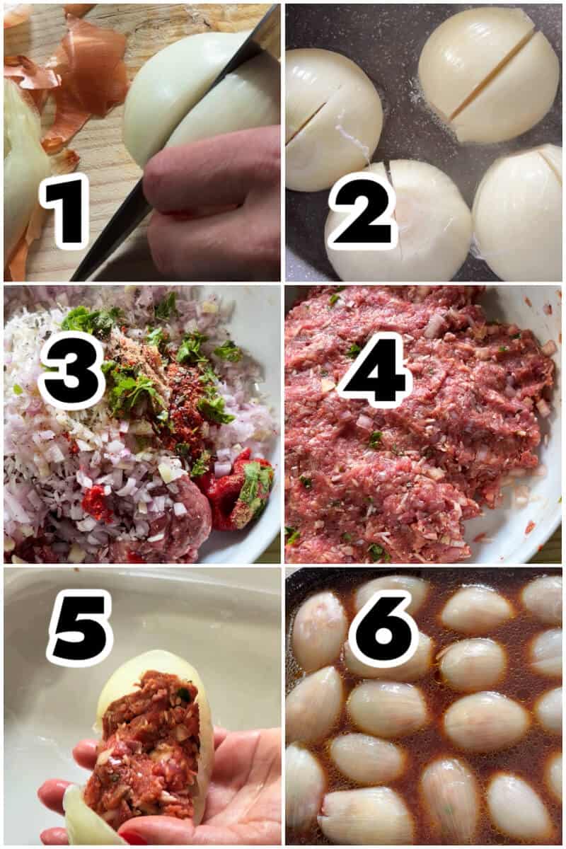 Collage of 6 photos to show how to make stuffed onions.