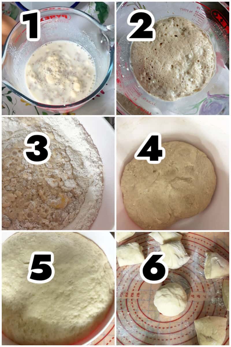 Collage of 6 photos to show how to make buns.