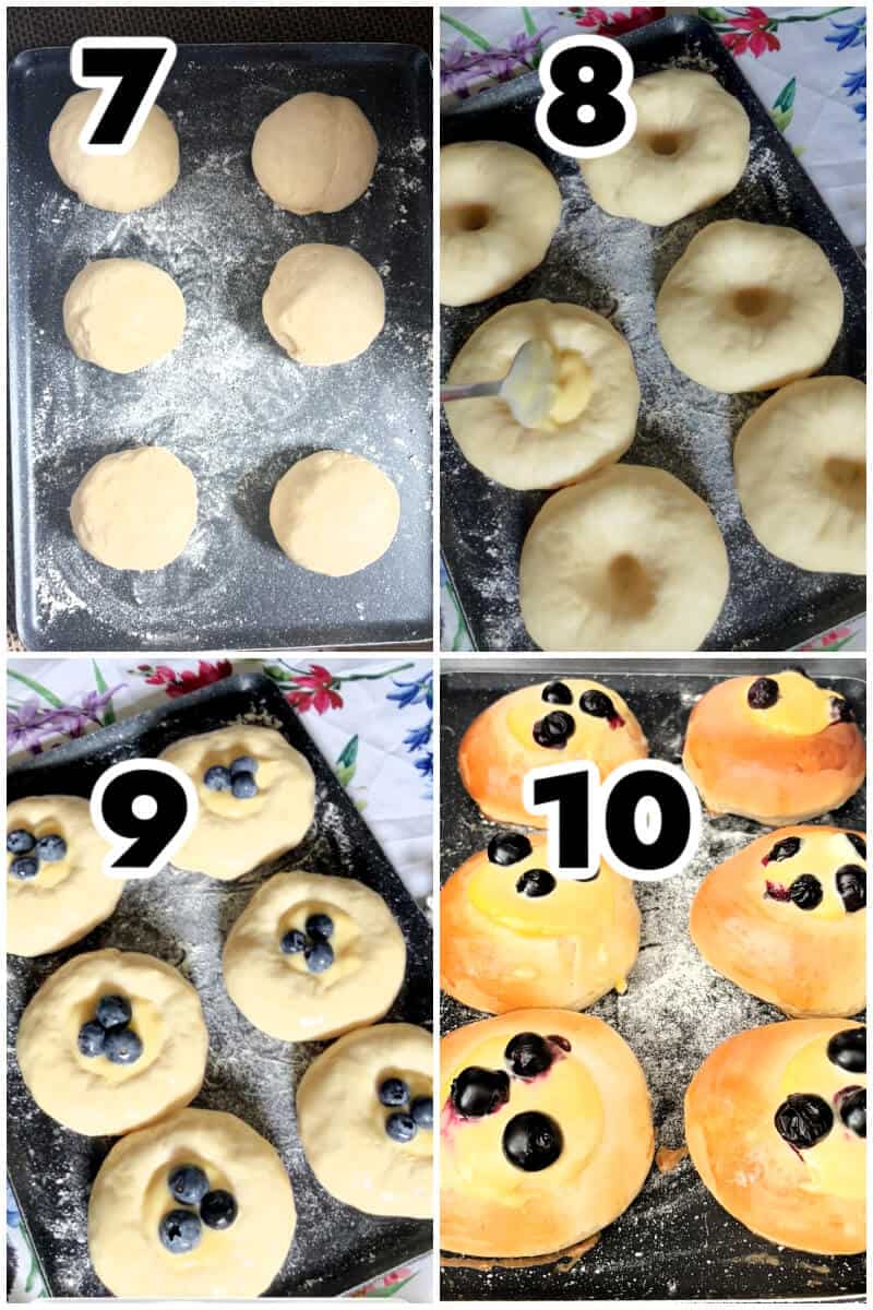 Collage of 4 photos to show how to make buns with custard and blueberries.
