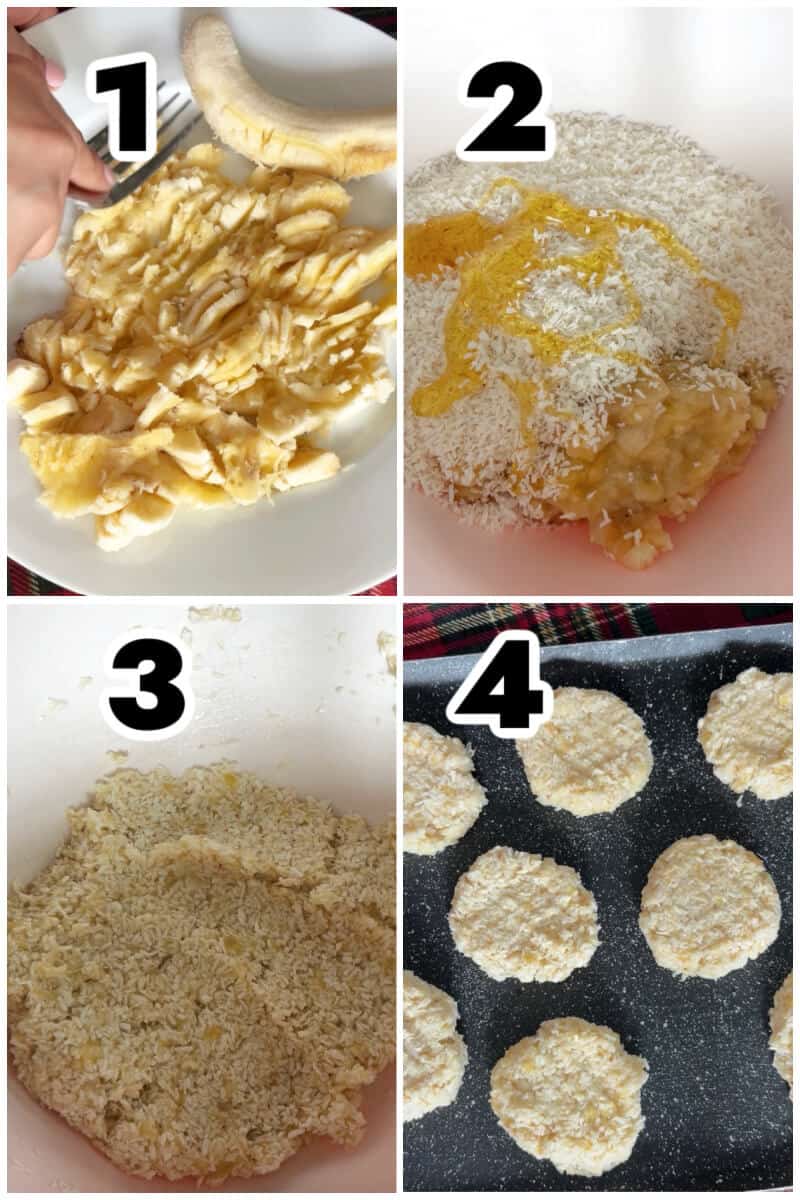 Collage of 4 photos to show how to make coconut cookies.