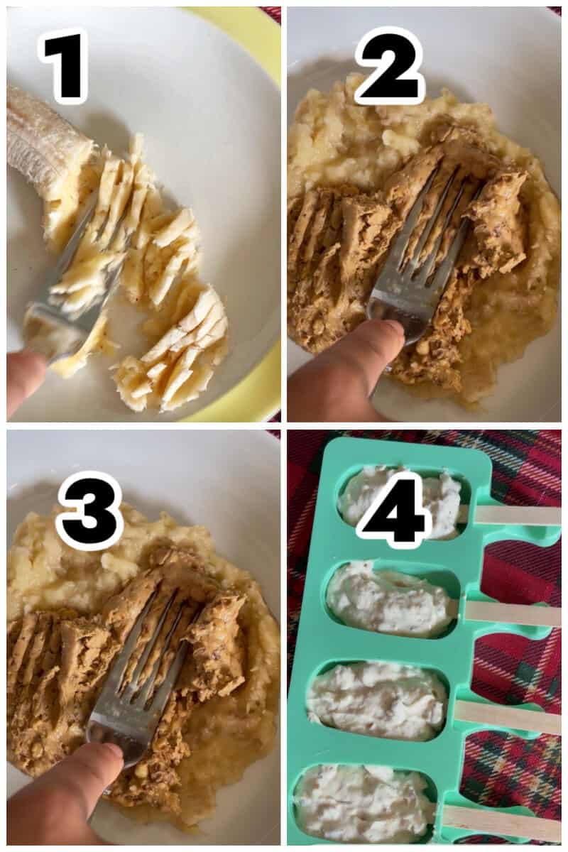Collage of 4 photos to show how to make peanut butter yogurt pops.