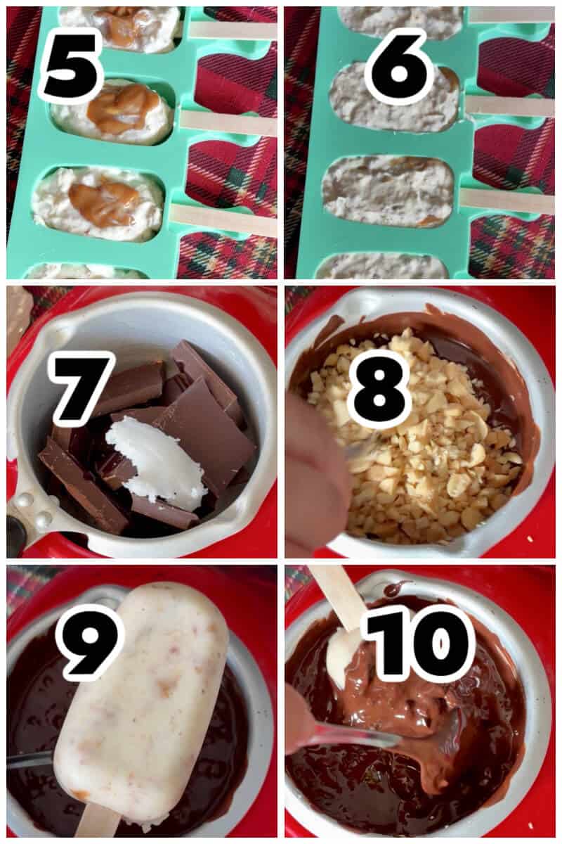 Collage of 6 photos to show how to make frozen yogurt bars covered in chocolate.