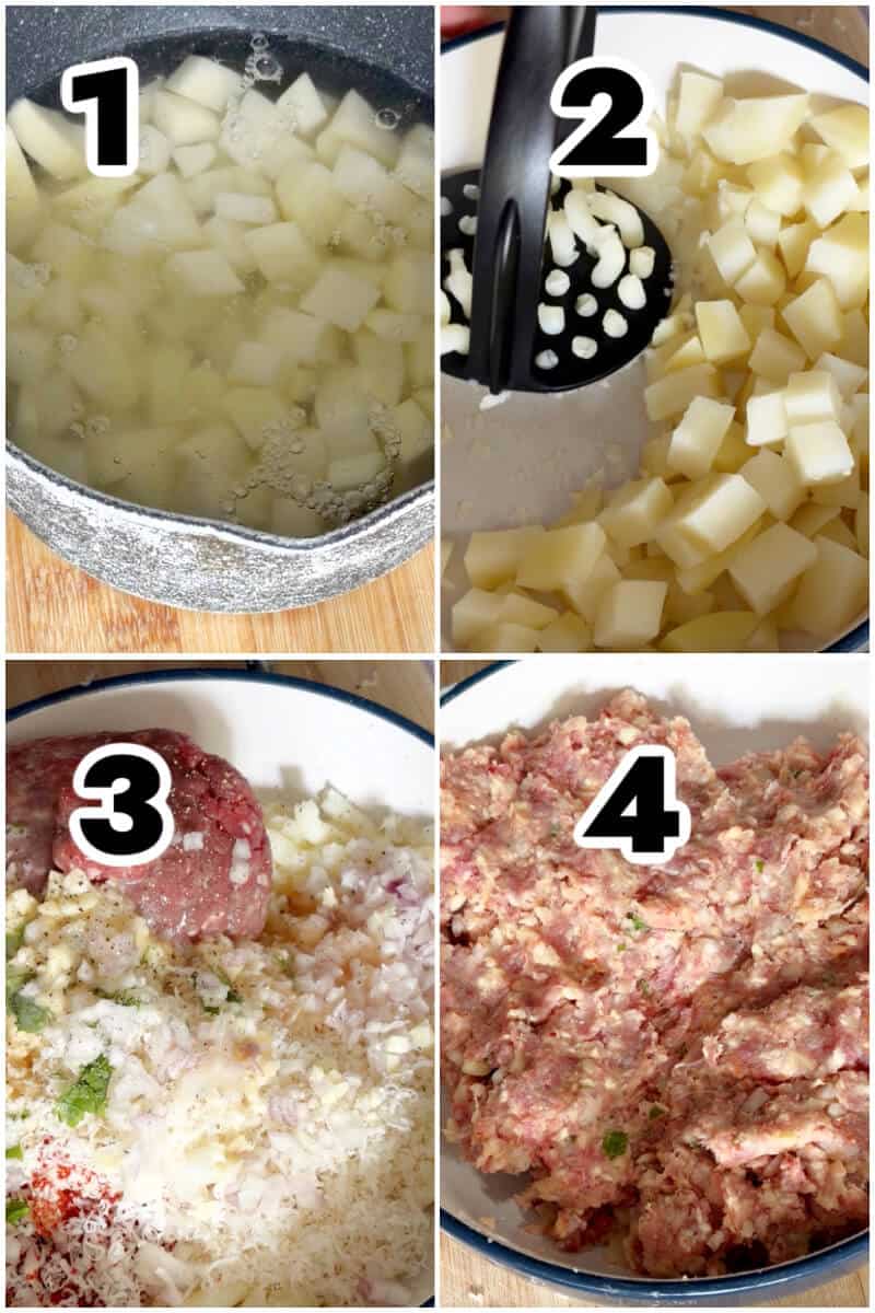 Collage of 4 photos to show how to make the mixture for meatballs.