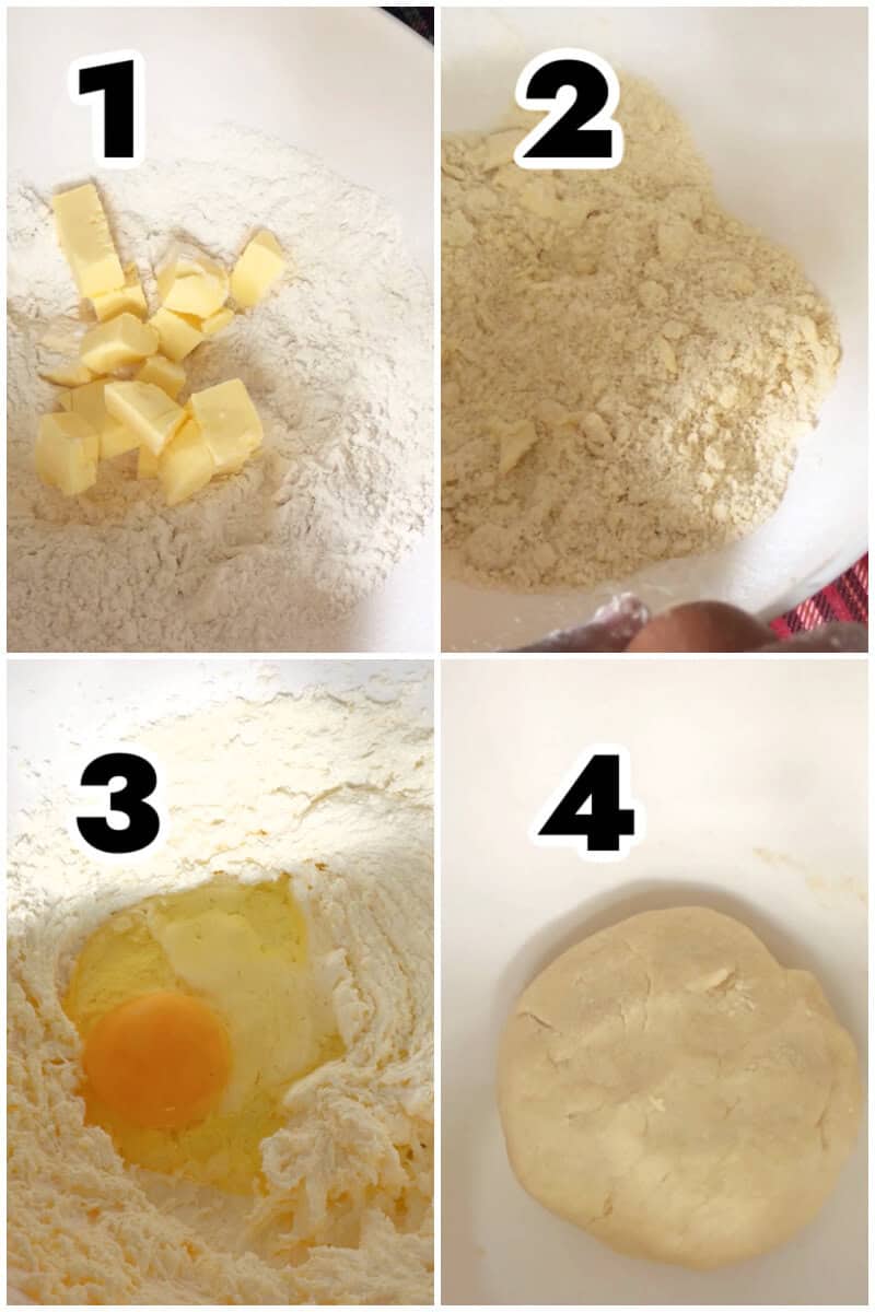 Collage of 4 photos to show how to make sweet pastry.