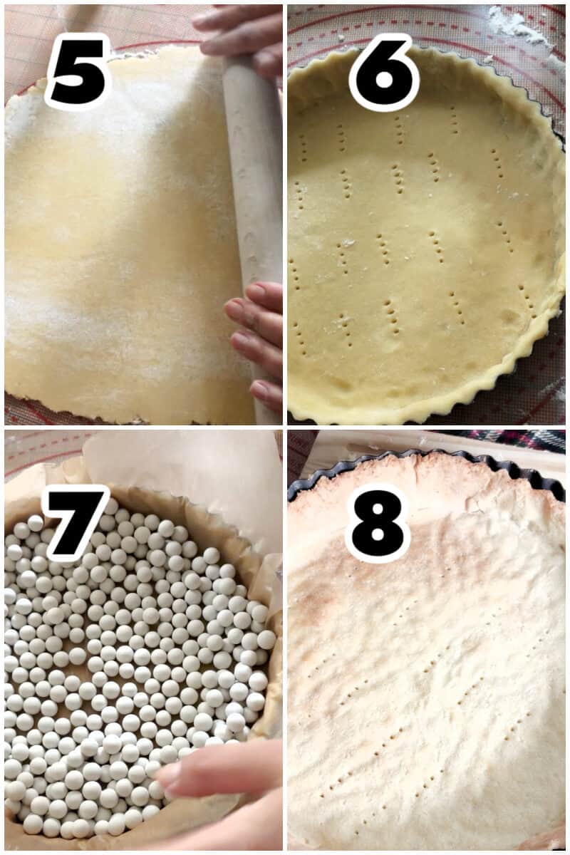 Collage of 4 photos to show how to make sweet pastry.