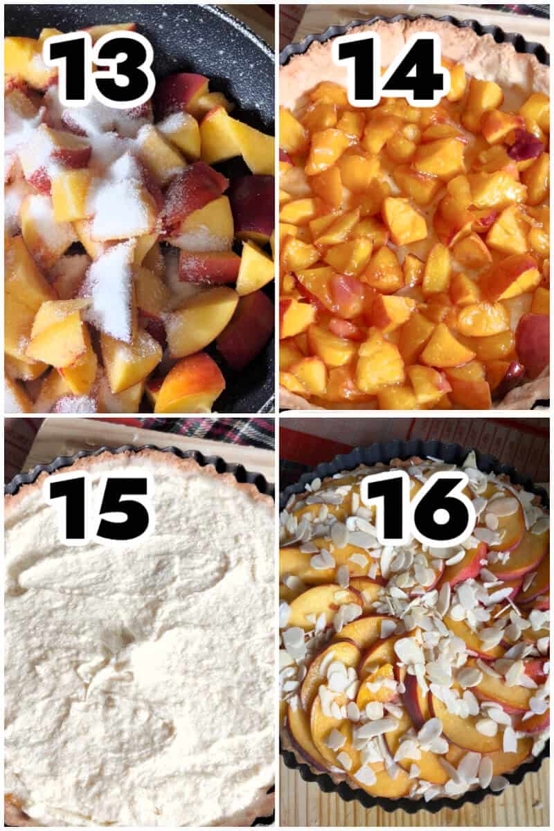Collage of 4 photos to show how to make peach frangipane tart.