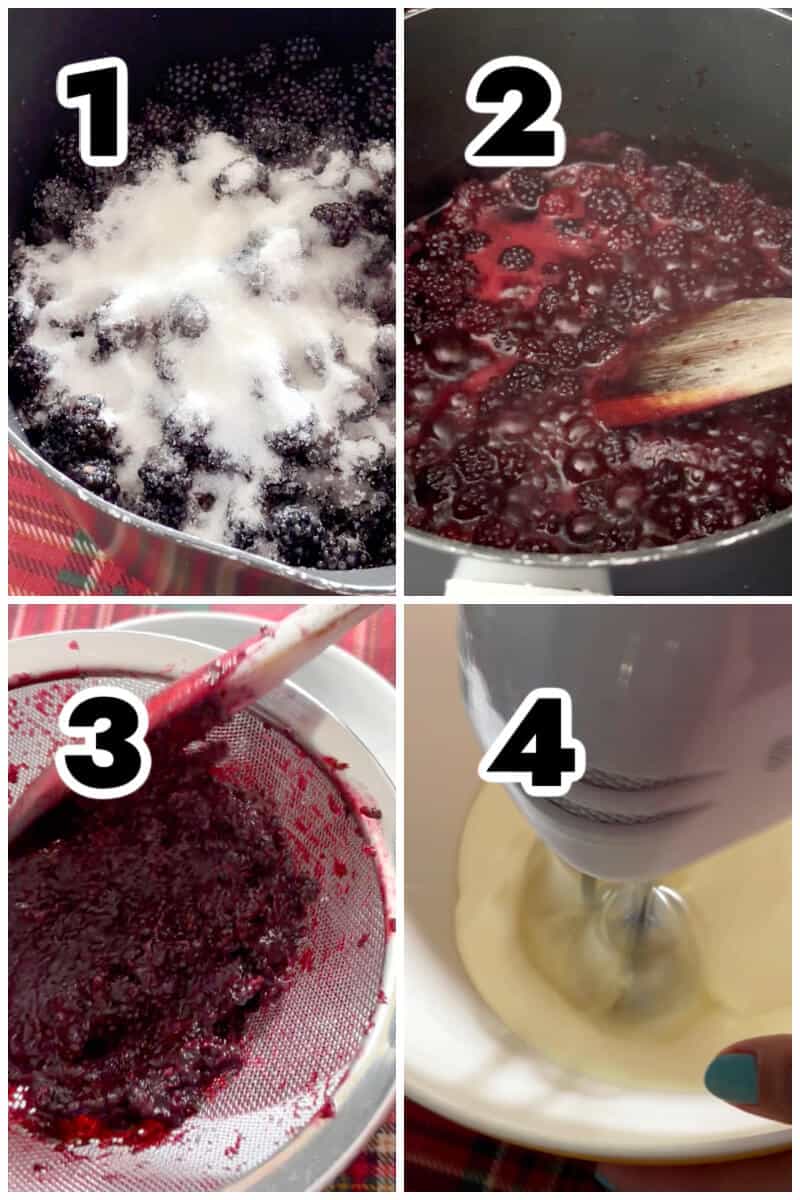 Collage of 4 photos to show how to make ice cream with wild blackberries.