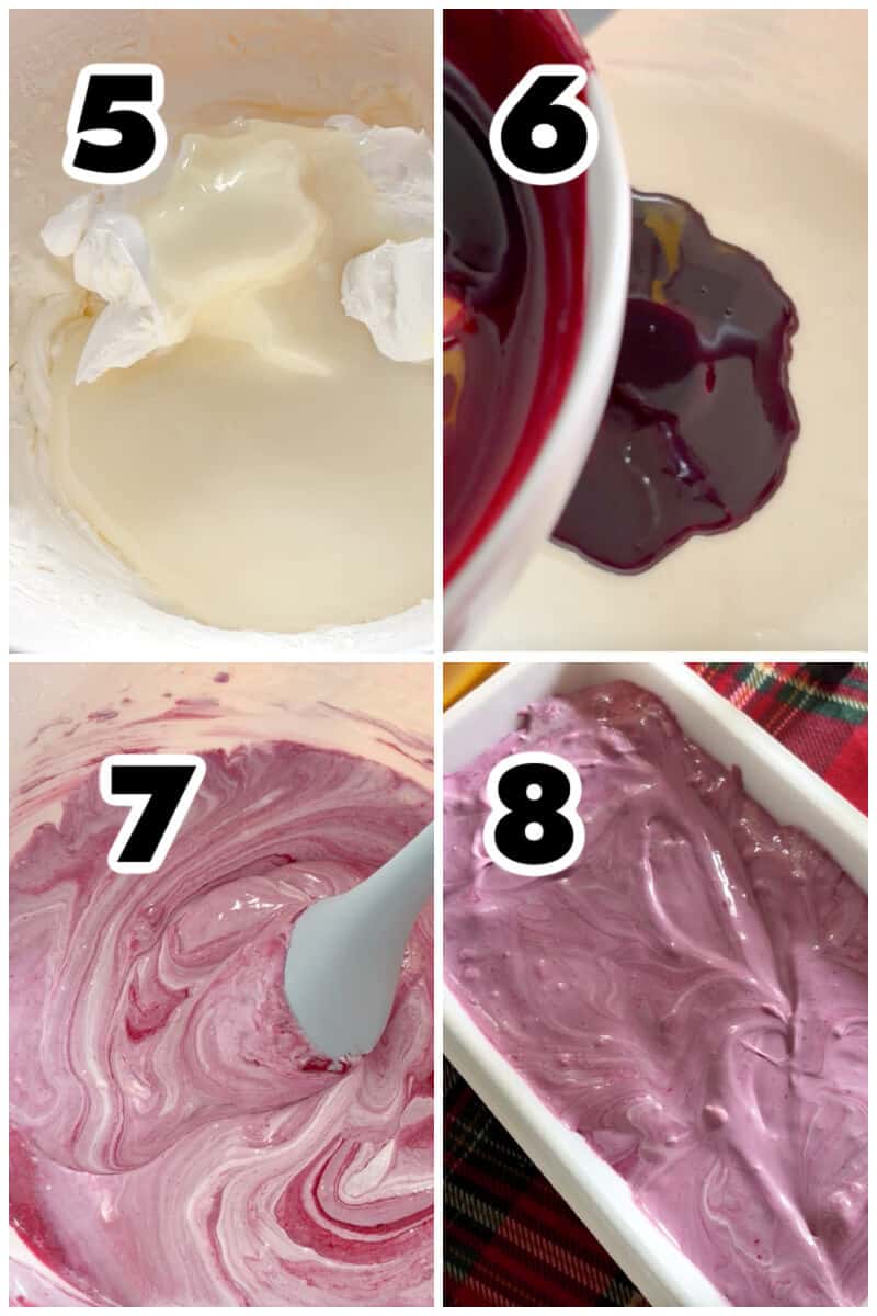 Collage of 4 photos to show how to make ice cream with blackberry jelly.