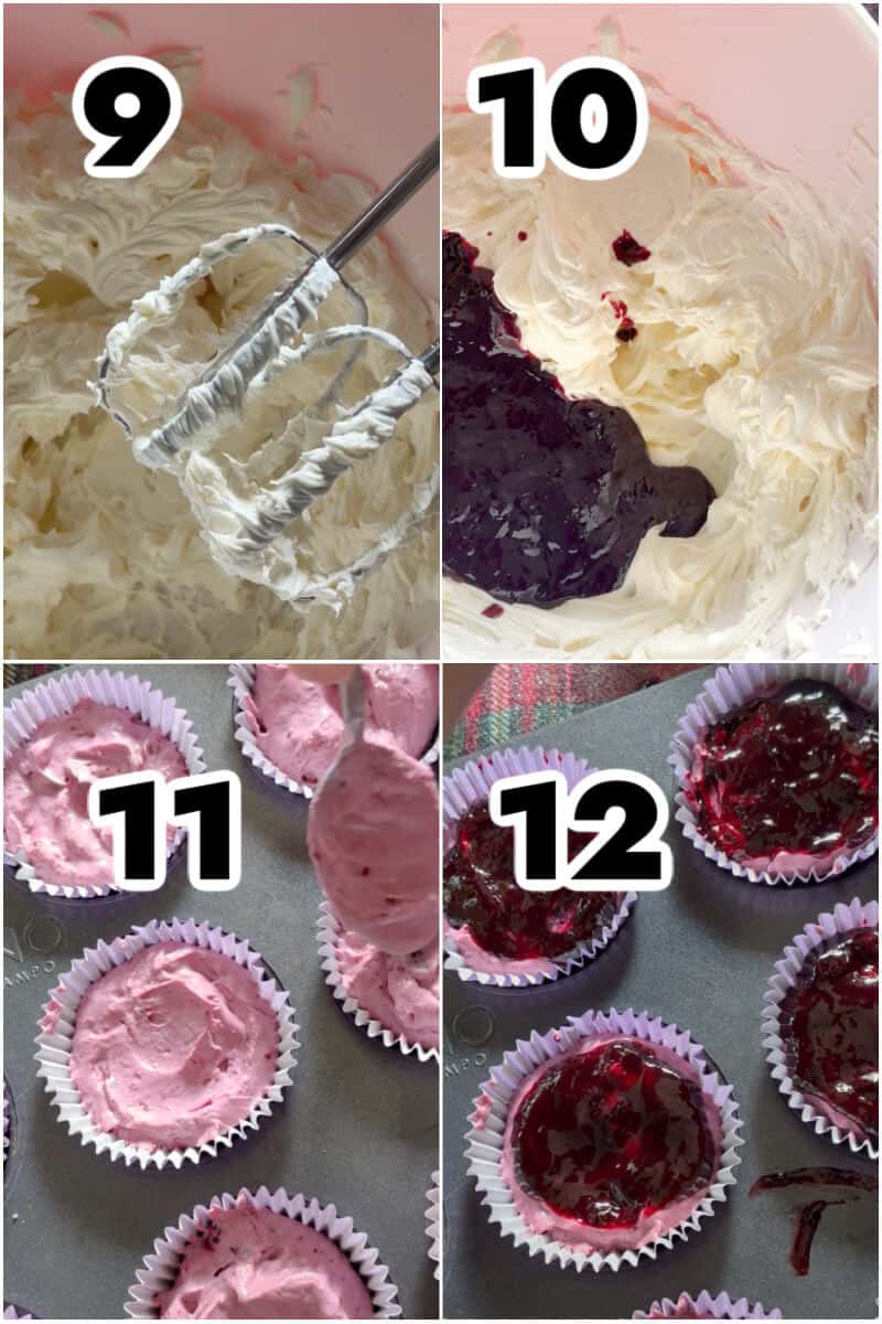 Collage of 4 photos to show how to make blackberry cream filling.