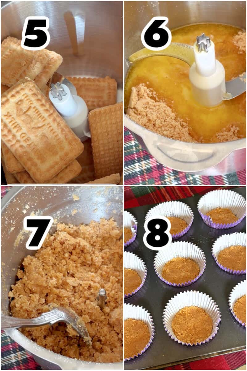 Collage of 4 photos to show how to make a cheesecake base.