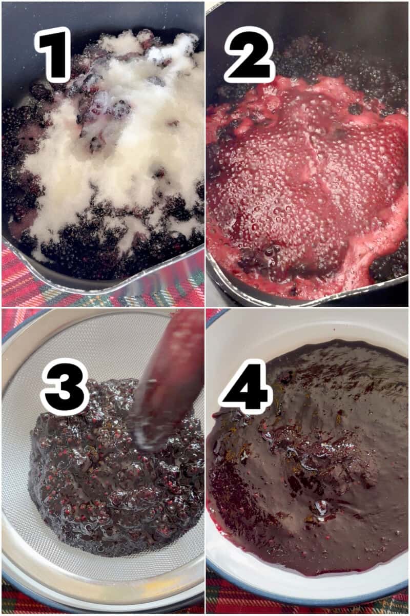 Collage of 4 photos to show how to make blackberry jelly.