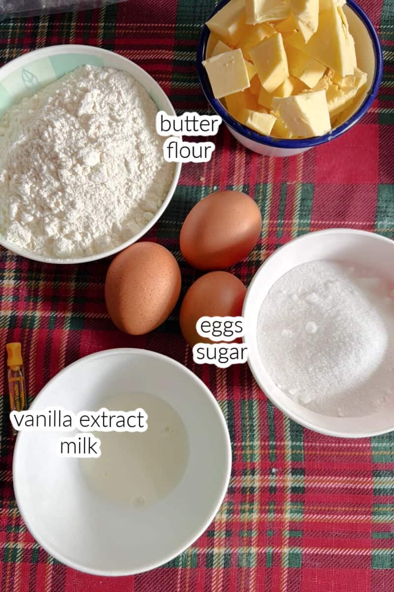 Ingredients displayed on the table to make a vanilla sponge.
