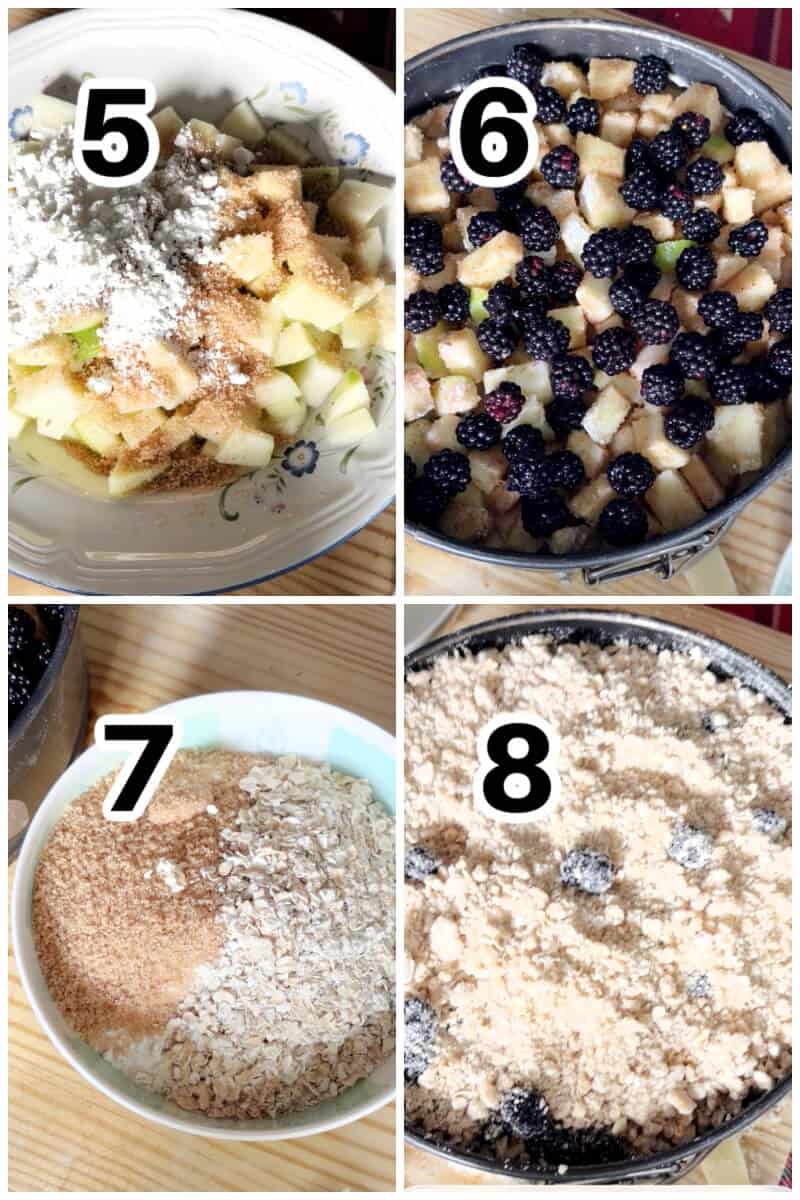 Collage of 4 photos to show how to make apple and blackberry crumb cake.
