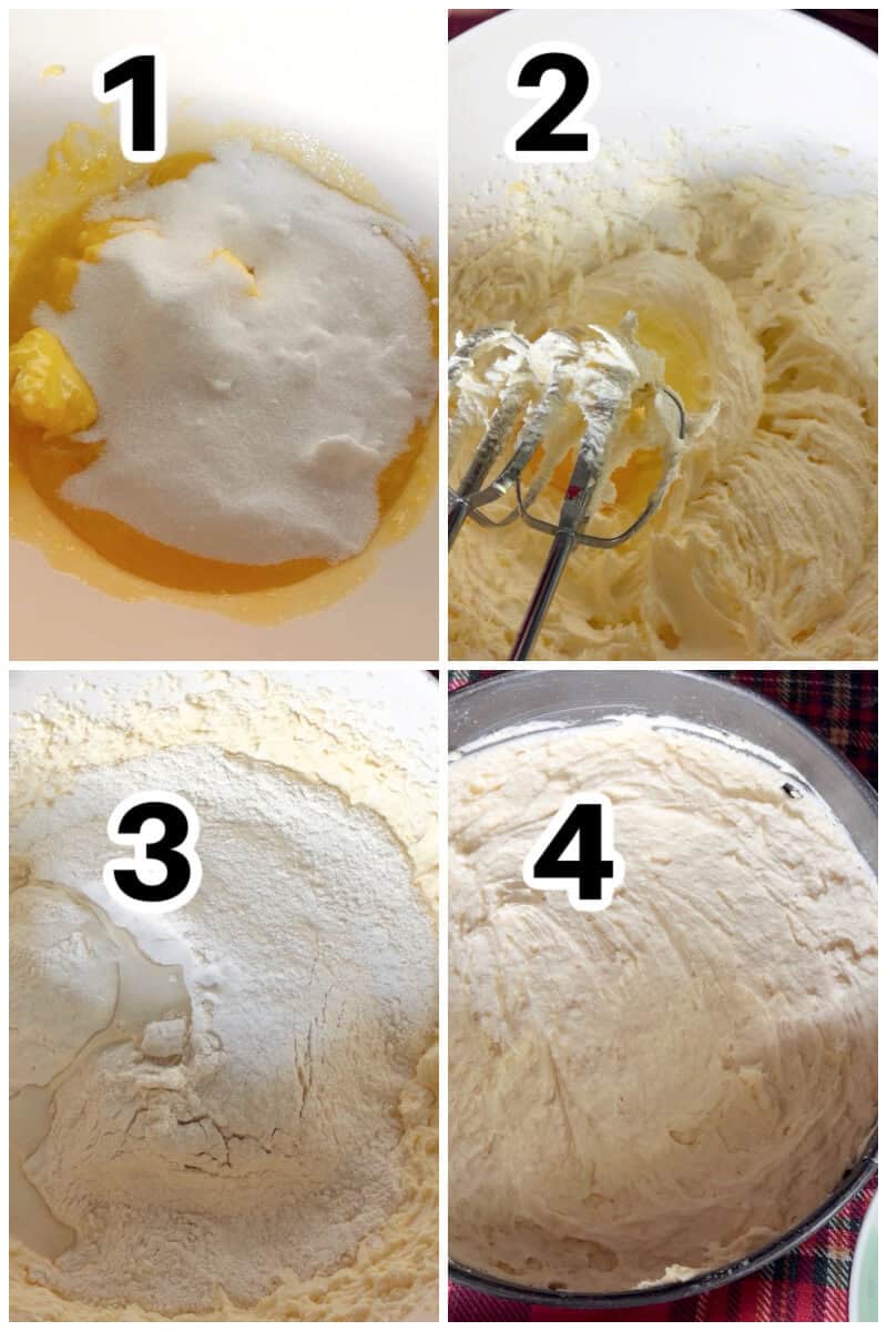 Collage of 4 photos to show how to make a vanilla sponge cake.