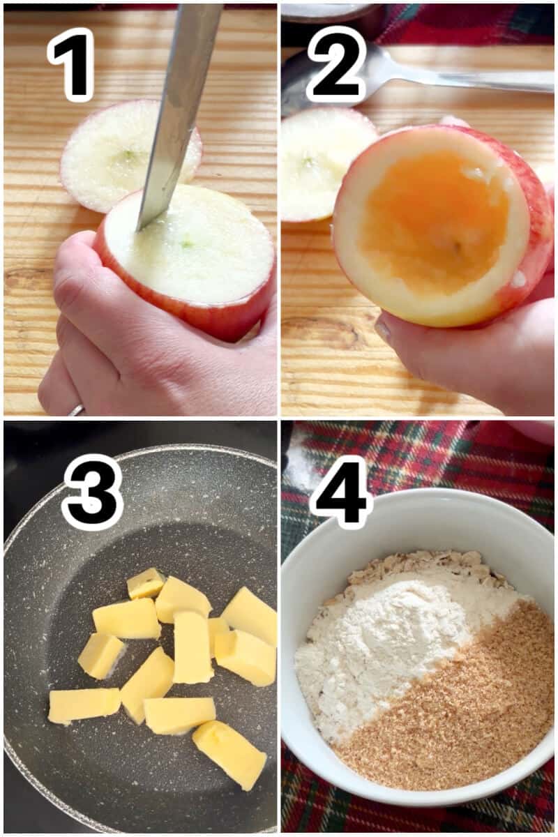 Collage of 4 photos to show how to prepare the stuffed apples.