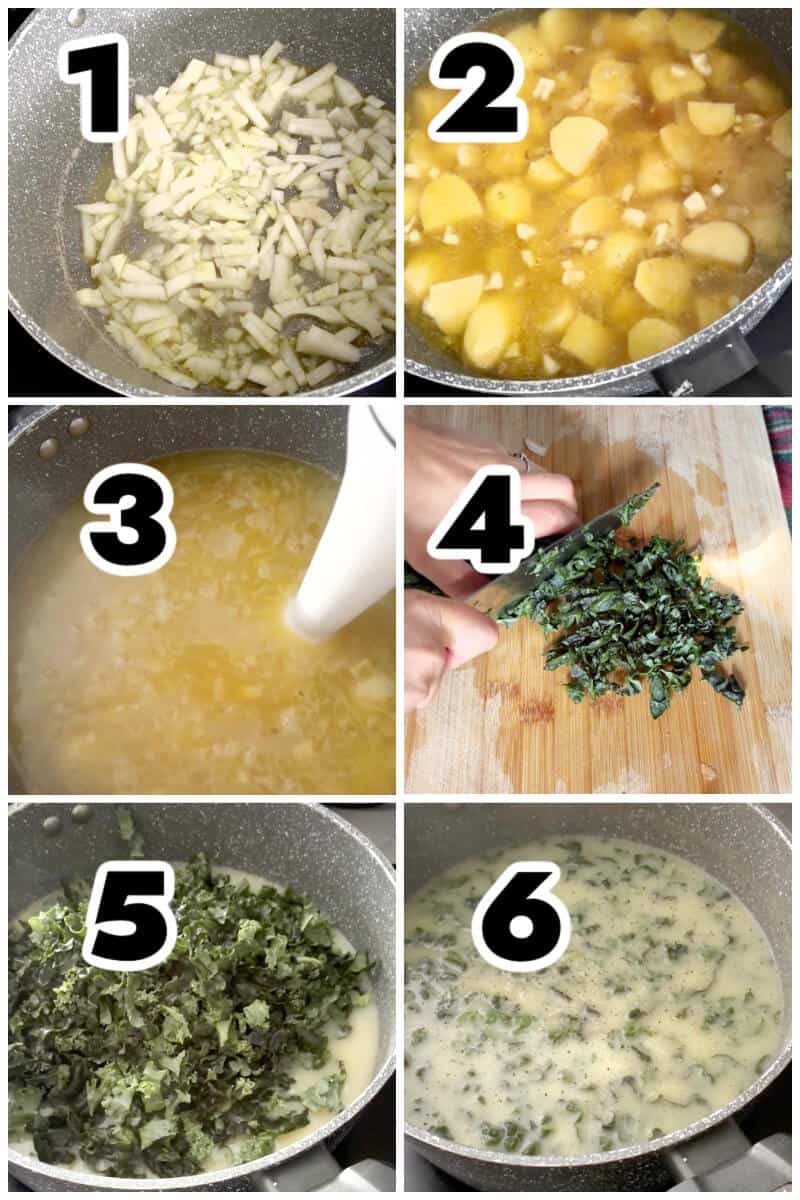 Collage of 6 photos to show how to make caldo verde.