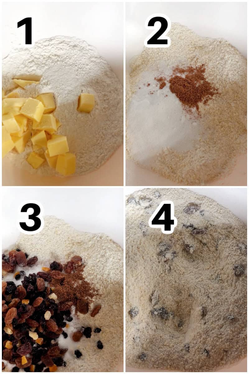 Collage of 4 photos to show how to make Welsh cakes.