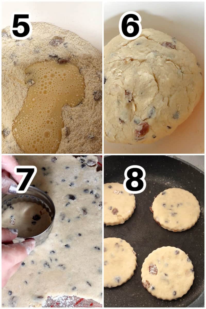 Collage of 4 photos to show how to make Welsh cakes.