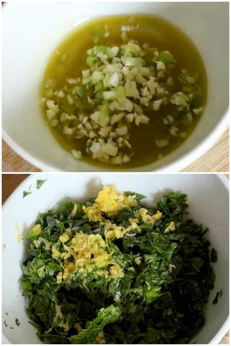 Collage of 2 photos to show how to make persillade.