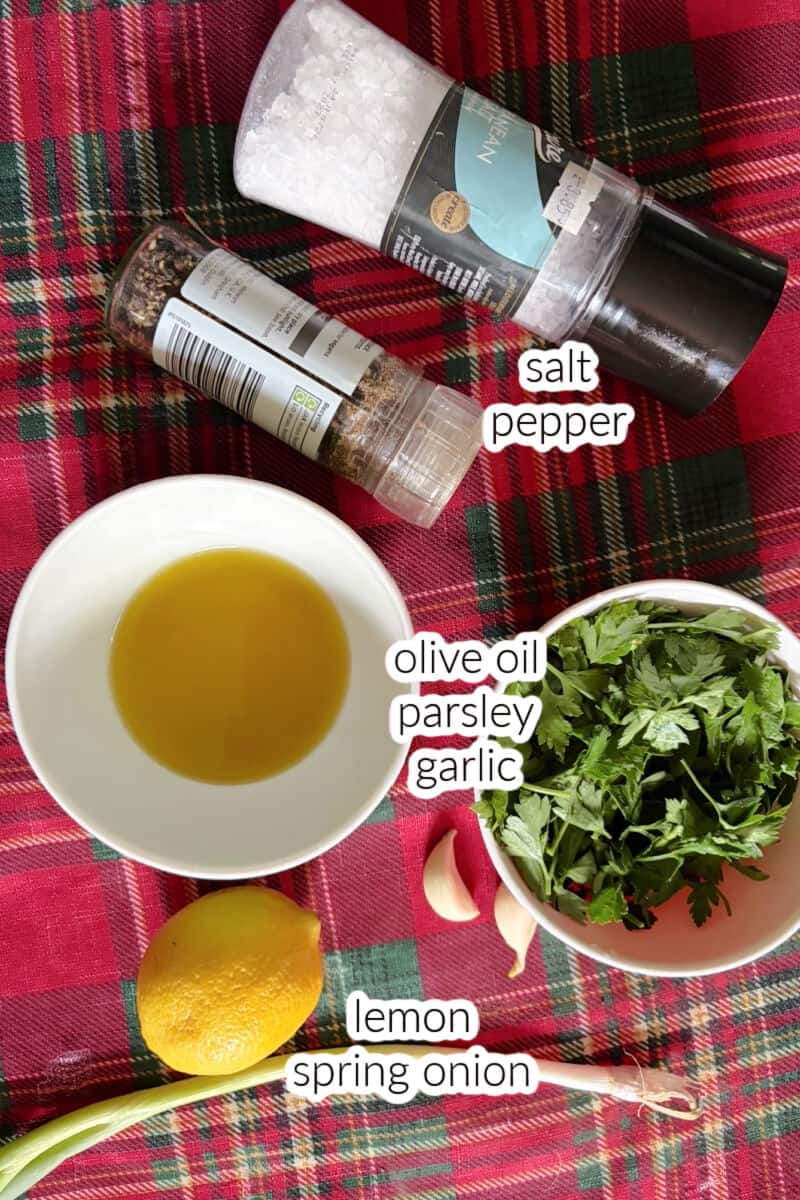 Ingredients displayed for making parsley sauce.