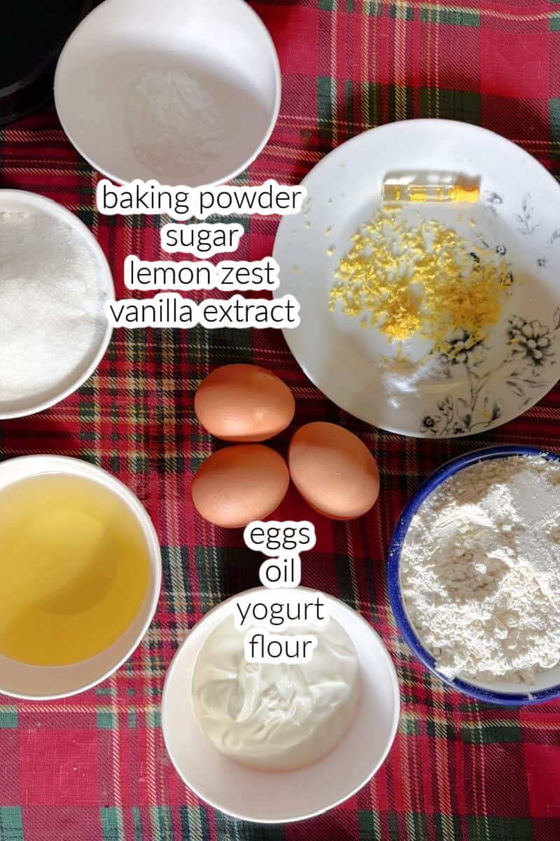 Ingredients displayed to make sponge cake.