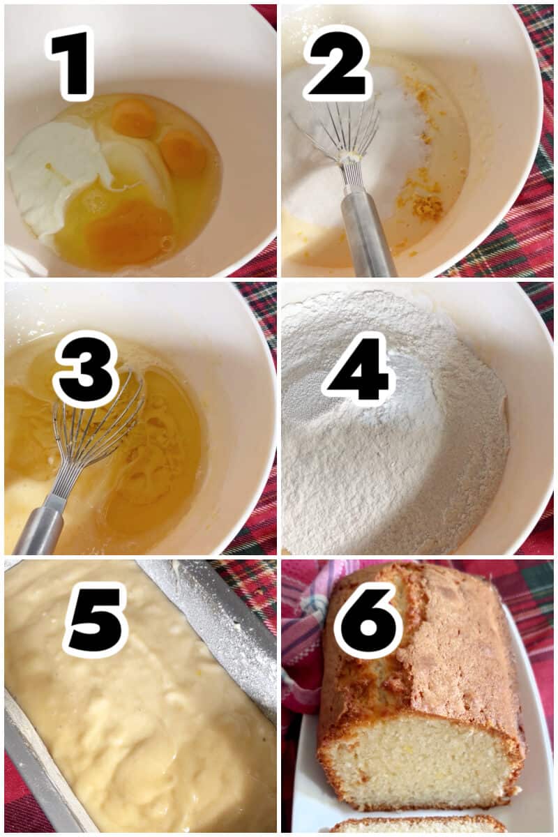 Collage of 6 photos to show how to the a sponge cake.
