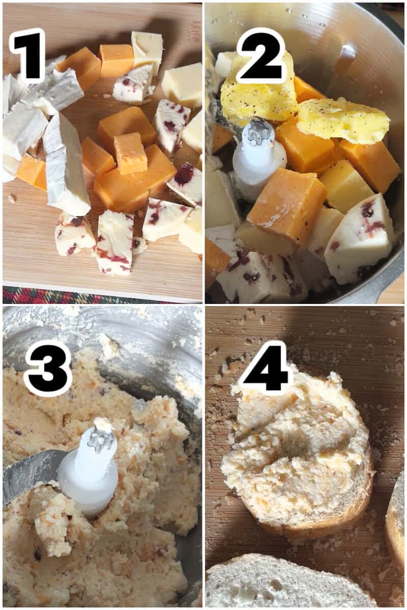 Collage of 4 photos to show how to make cheese spread.