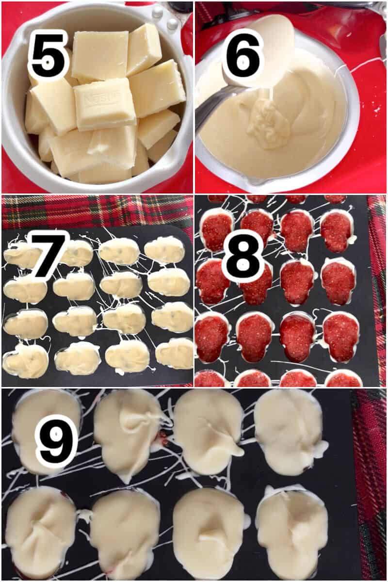 Collage of 5 photos to show how to make jam-filled chocolate skulls.