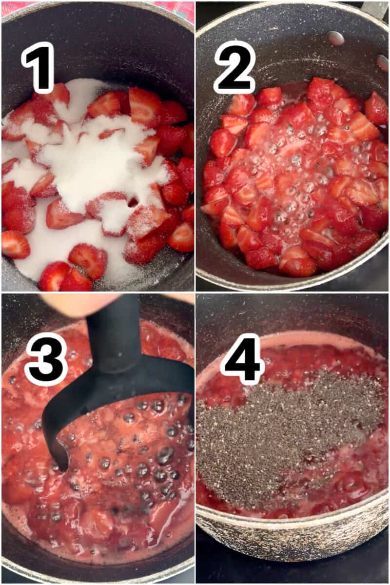 Collage of 4 photos to show how to make strawberry chia jam.