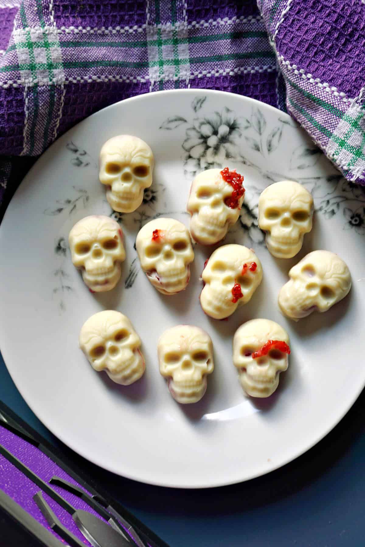 A plate with chocolate skulls.