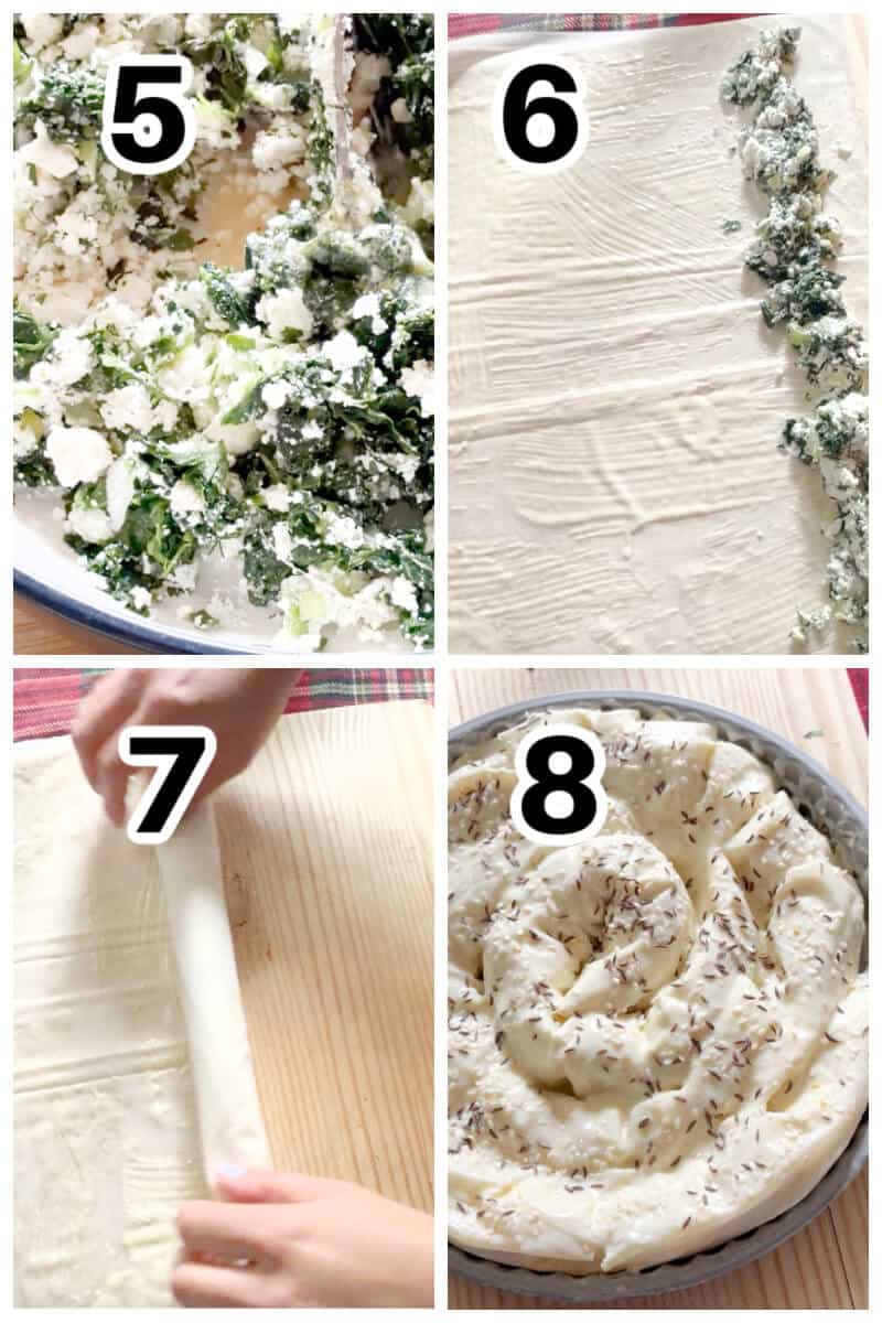 Collage of 4 photos to show how to make borek.