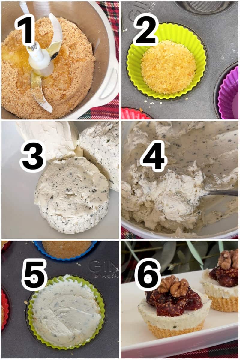Collage of 6 photos to show how to make savoury cheesecakes.