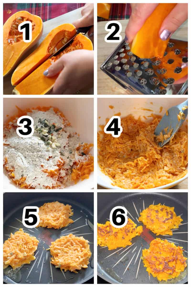 Collage of 6 photos to show how to make butternut squash fritters.