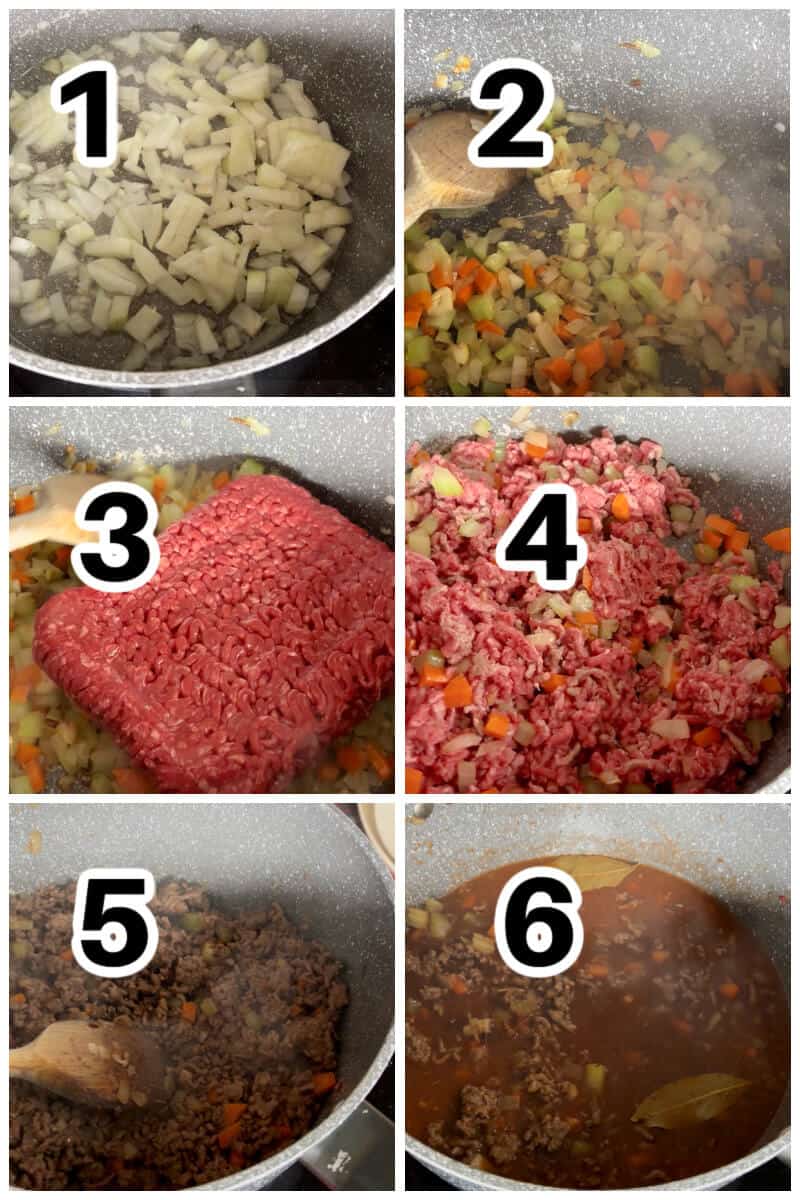Collage of 6 photos to show how to make the beef filling.