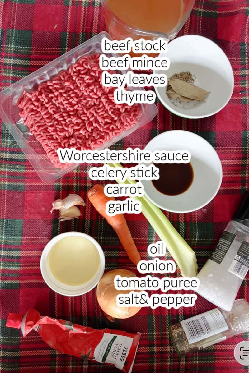 Ingredients displayed on the table to make cottage pie filling.