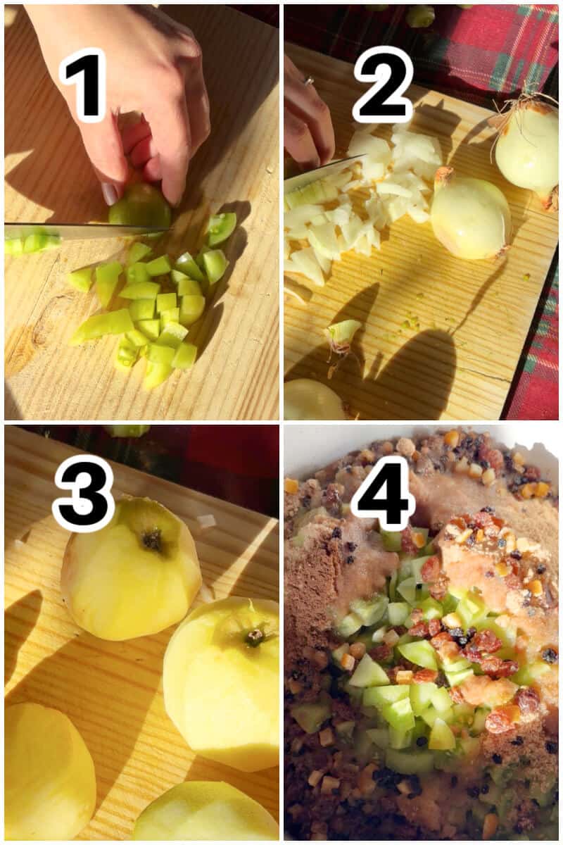 Collage of 4 photos to show how to make chutney.