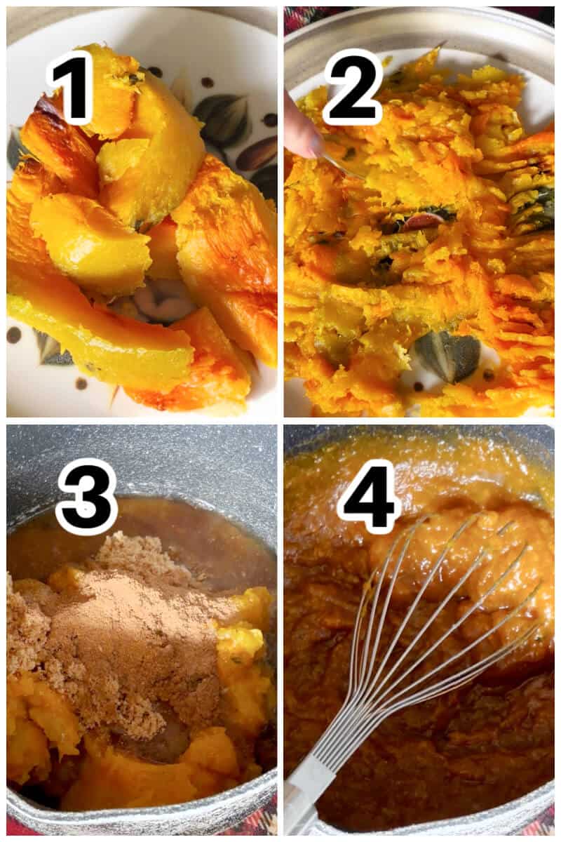 Collage of 4 photos to show how to make pumpkin butter.