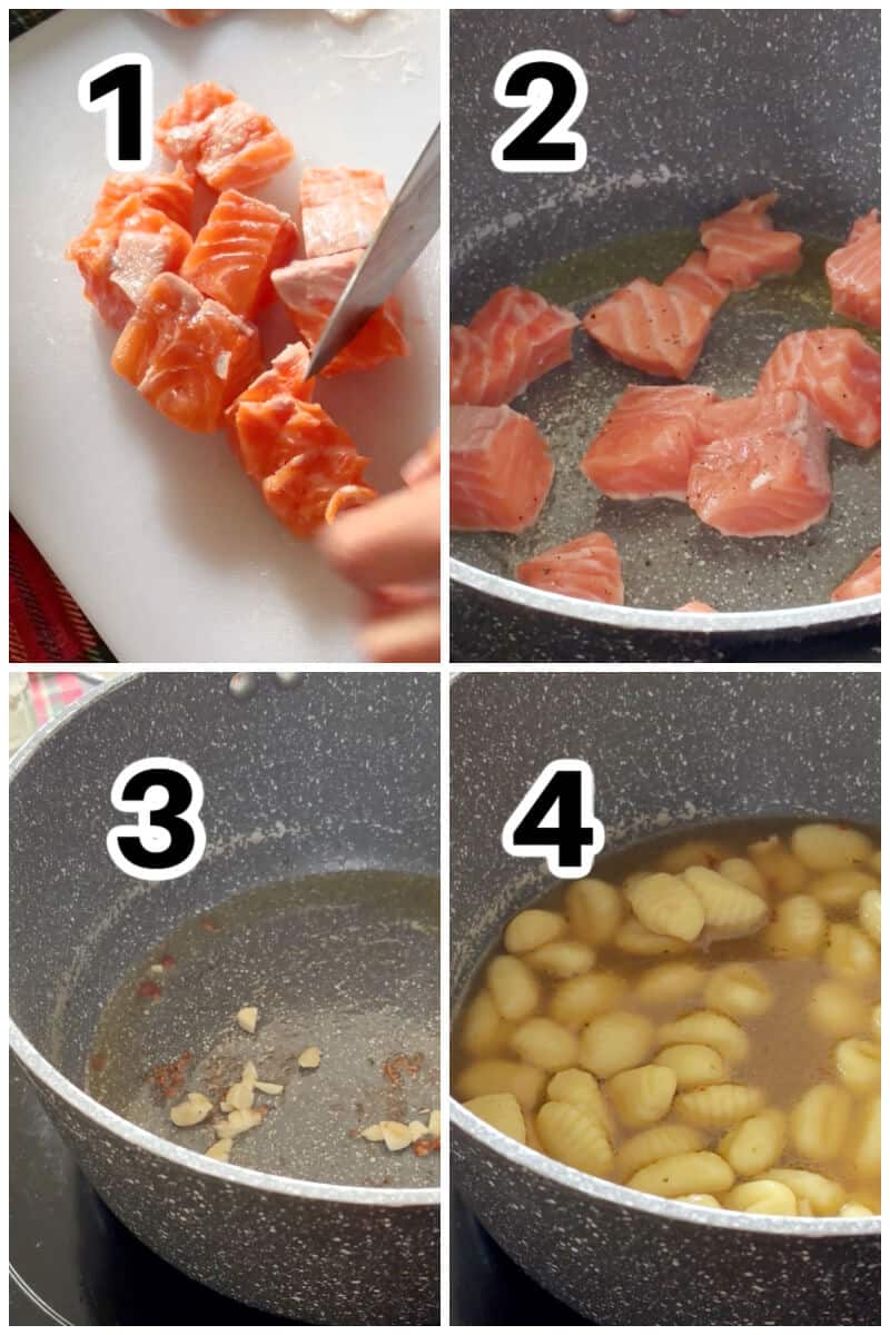 Collage of 4 photos to show how to make gnocchi with salmon.