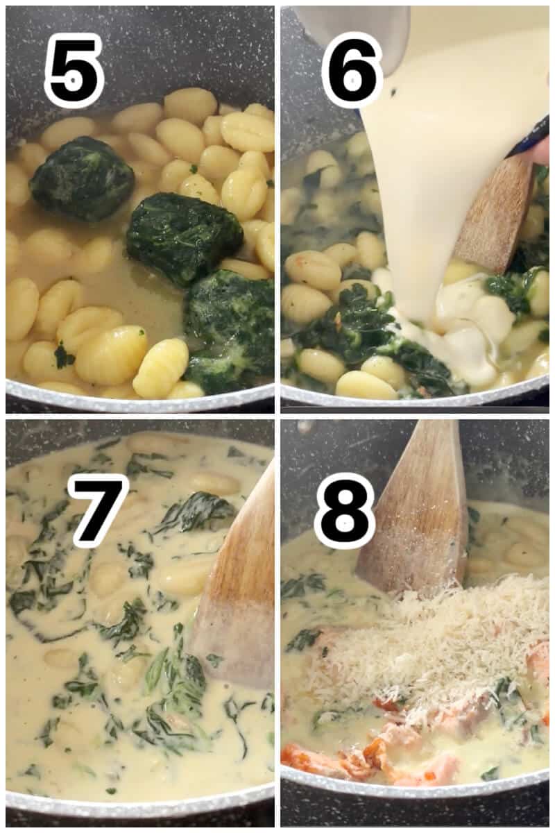 Collage of 4 photos to show how to make creamy gnocchi with spinach and salmon.