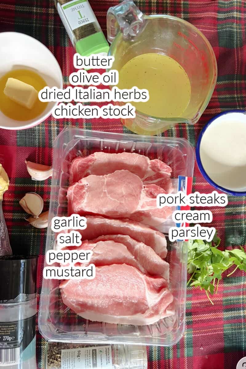Ingredients displayed on the table to make pork chops in sauce.