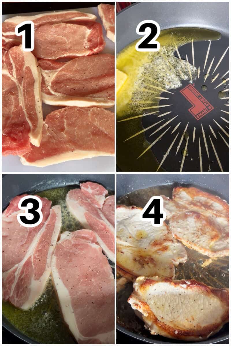 Collage of 4 photos to show how to sear the pork steaks.