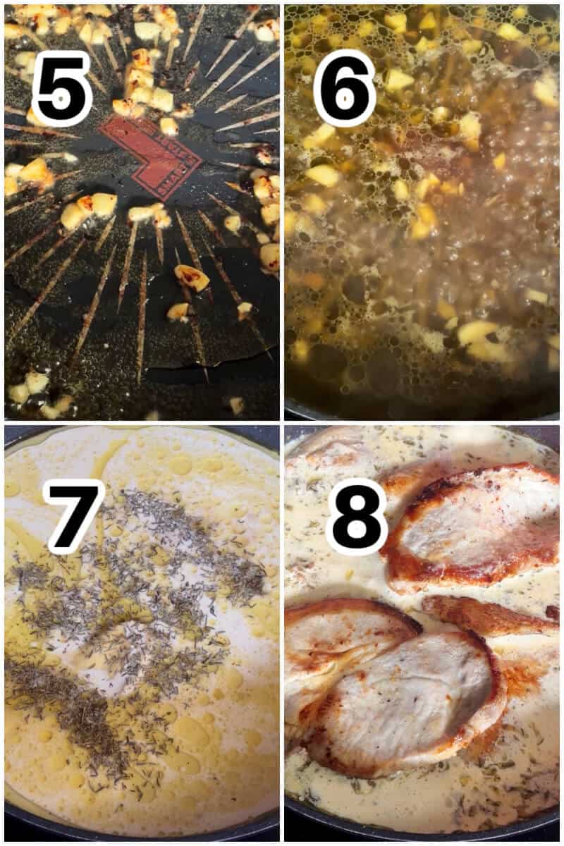 Collage of 4 photos to show how to make the creamy mustard sauce for the steaks.