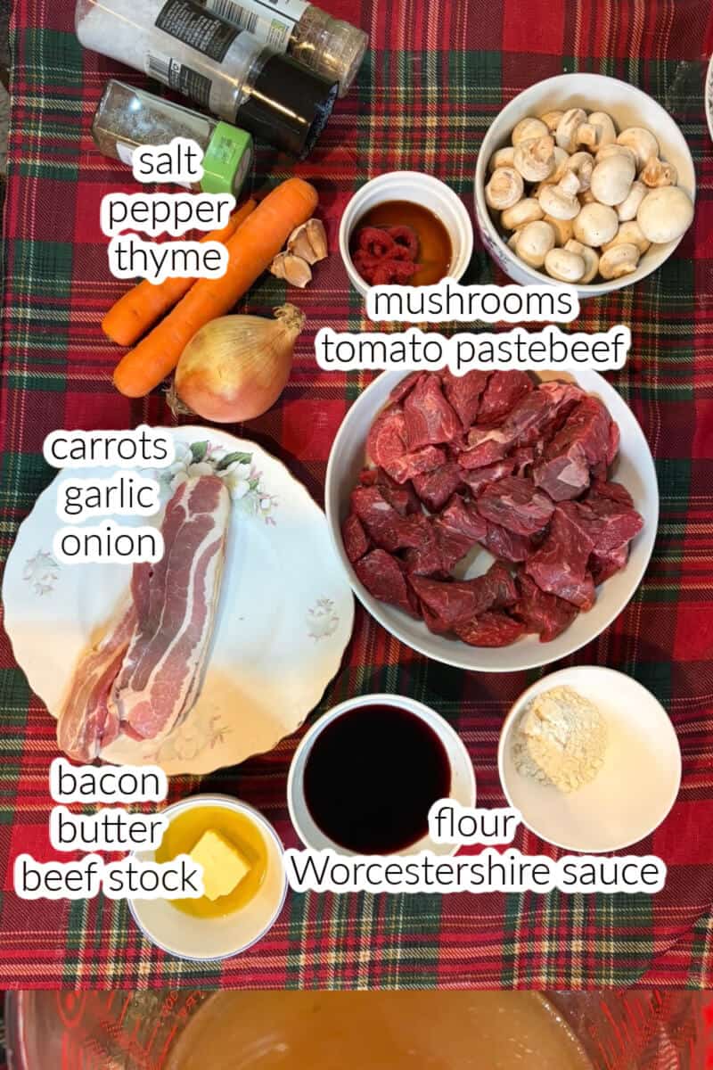 Ingredients displayed on a table to make beef stew.
