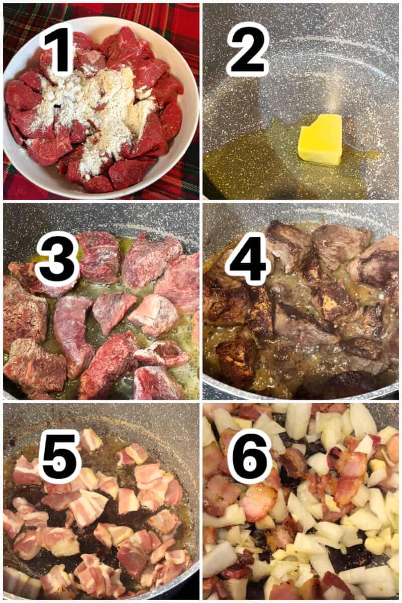 Collage of 6 photos to show how to make beef stew.