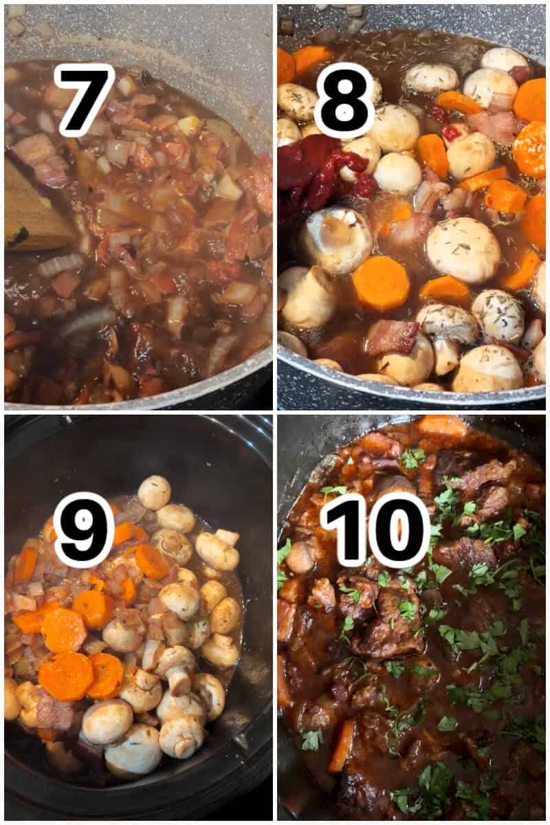 Collage of 4 photos to show how to make beef bourguignon in the slow cooker.